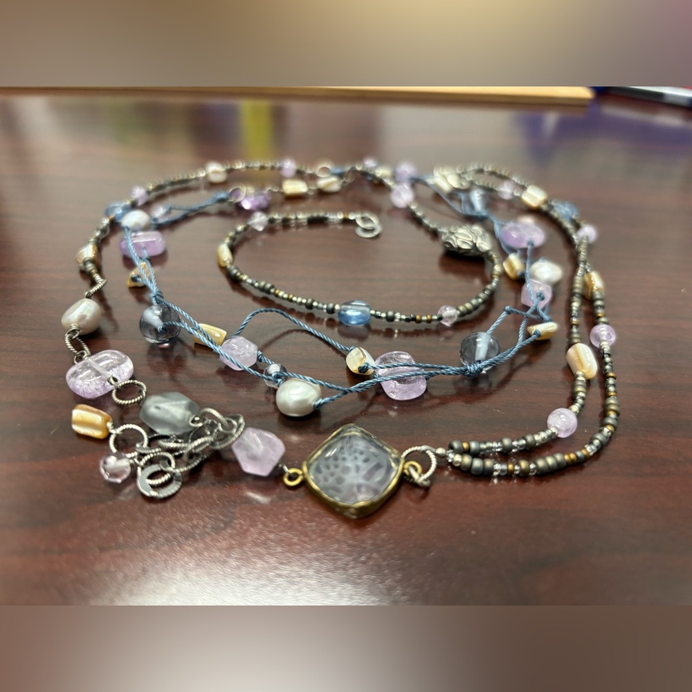 Silpada Sterling Silver Amethyst Pearl Brass Shell Long Cord Necklace.